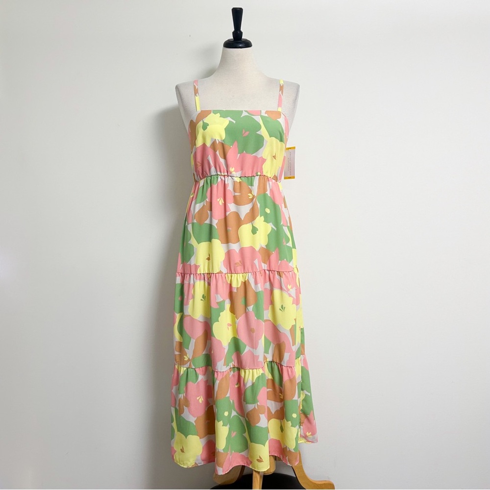 Social Standard Sanctuary Floral Tiered Sleeveless Midi Dress Pink Green Yellow